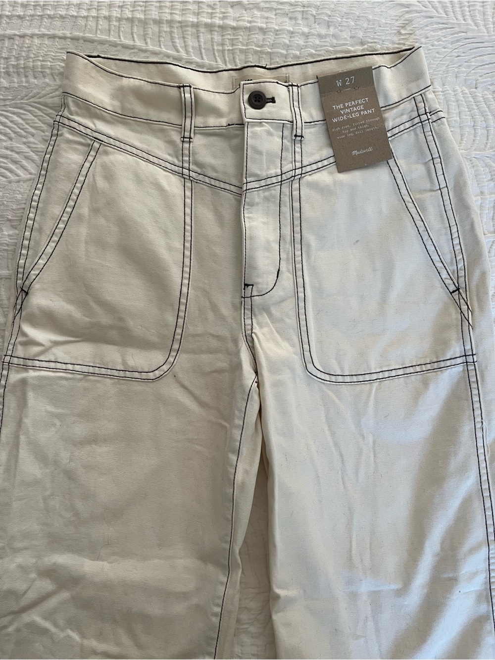 Madewell Cream Wide-Leg Pants with Brown Contrast Stitching